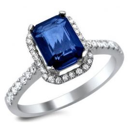 1.50ct Emerald Cut Blue Sapphire and Diamond Ring 18k White Gold ...