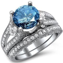 3.60ct Blue Round Diamond Engagement Ring Bridal Set 18k White Gold ...