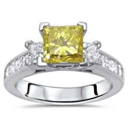 2.05ct Yellow 3 Stone Princess Diamond Engagement Ring 14k White Gold