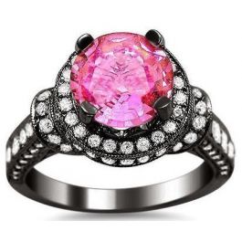3.0ct Round Pink Sapphire Halo Diamond Engagement Ring 18k Black Gold ...
