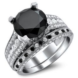 4.65ct Black Round Diamond Engagement Ring Bridal Set 18k White Gold ...