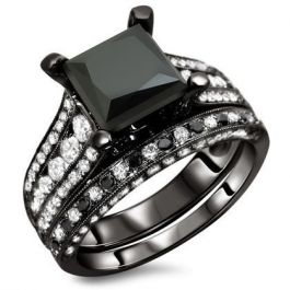 4.04ct Black Princess Cut Diamond Engagement Ring Wedding Band Set 18k ...
