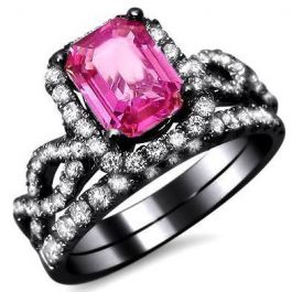2.40ct Pink Sapphire Emerald Cut Diamond Engagement Ring Bridal Set 18k ...
