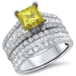 3.66ct Canary Yellow Princess Cut Diamond Engagement Ring Bridal Set ...