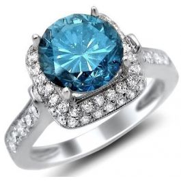 3.01ct Fancy Blue Round Diamond Engagement Ring 18k White Gold / Front ...