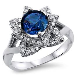 1.50ct Round Blue Sapphire Diamond Engagement Ring 14k White Gold