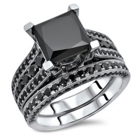 3.80ct Black Princess Cut Diamond Engagement Ring Bridal Set 14k White ...