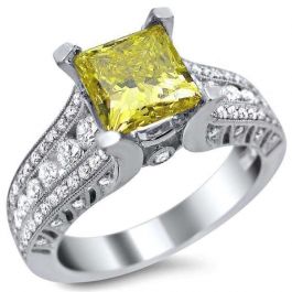 2.0ct Fancy Canary Yellow Princess Diamond Engagement 18k White Gold
