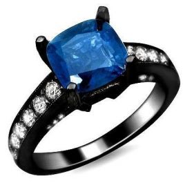 2.51ct Cushion Cut Blue Sapphire Diamond Ring 18k Black Gold / Front ...