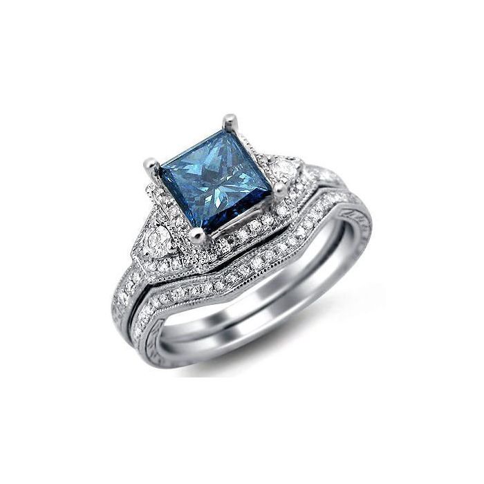 1.61ct Blue Princess Diamond Engagement Ring Bridal Set 14k White Gold
