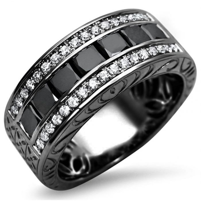 Mens 2.60ct Black & White Princess Cut Diamond Wedding Band Ring 14k ...
