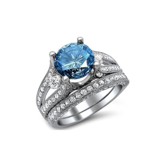 3.60ct Blue Round Diamond Engagement Ring Bridal Set 18k White Gold ...