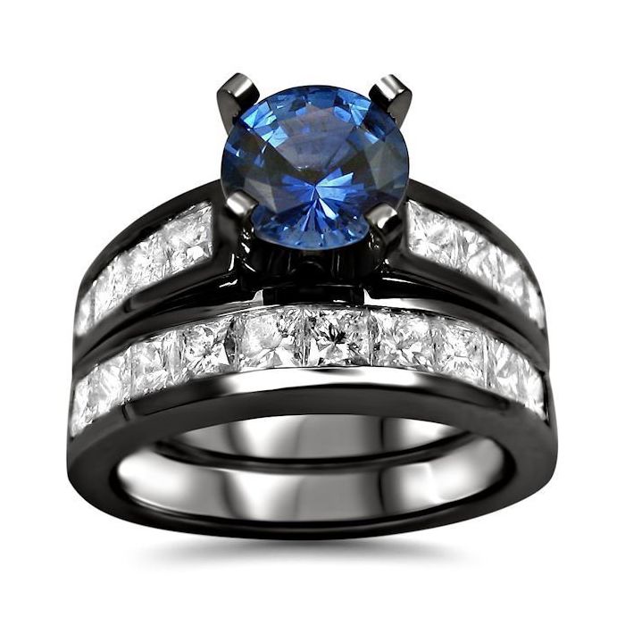 6.5mm Round Blue Sapphire Diamond Engagement Ring Bridal Set 14k Black ...