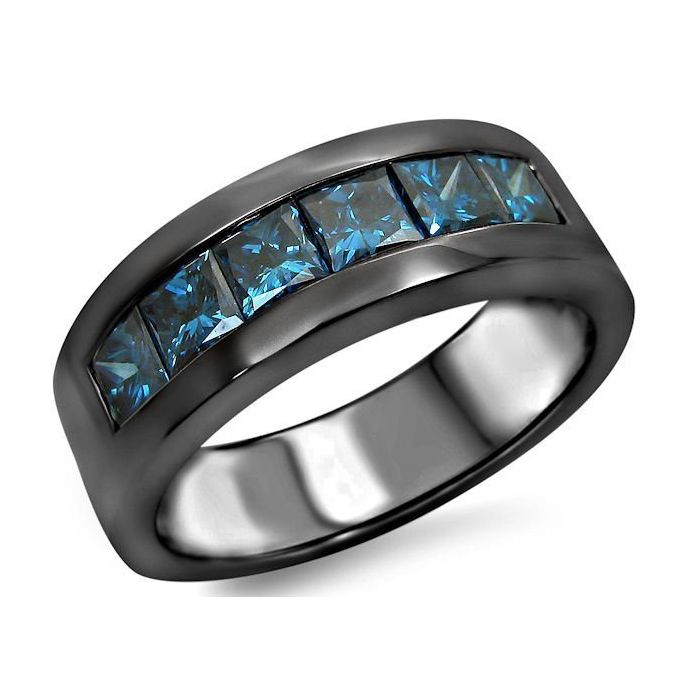 Mens 1.60ct Blue Princess Cut Diamond Wedding Band Ring 14k Black Gold ...