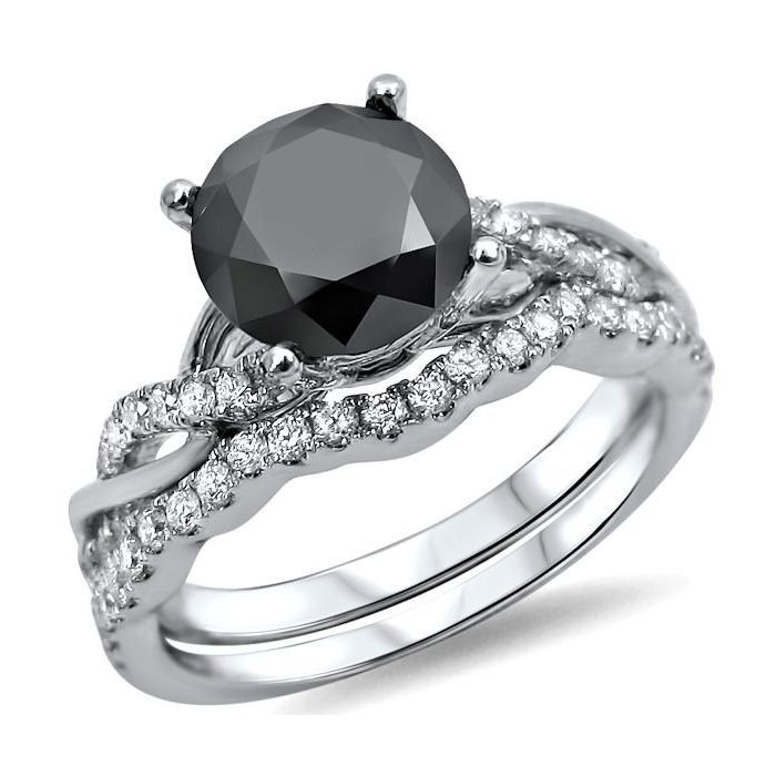 1.50ct Black Round Diamond Engagement Ring Bridal Set 14k White Gold ...