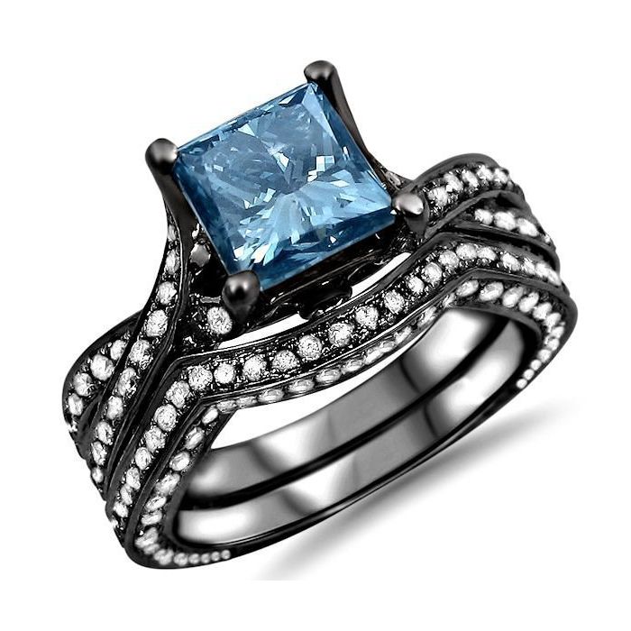 2.40ct Blue Princess Cut Diamond Engagement Ring Bridal Set 14k Black ...