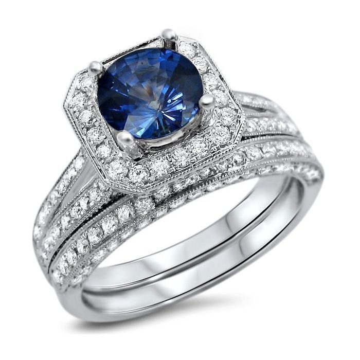 6.5mm Round Blue Sapphire Diamond Ring Bridal Set 18k White Gold ...