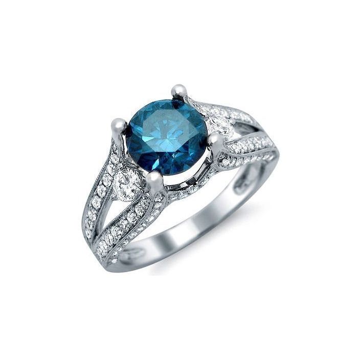 2.64ct Blue Fancy Round Diamond Engagement Ring 18k White Gold / Front ...