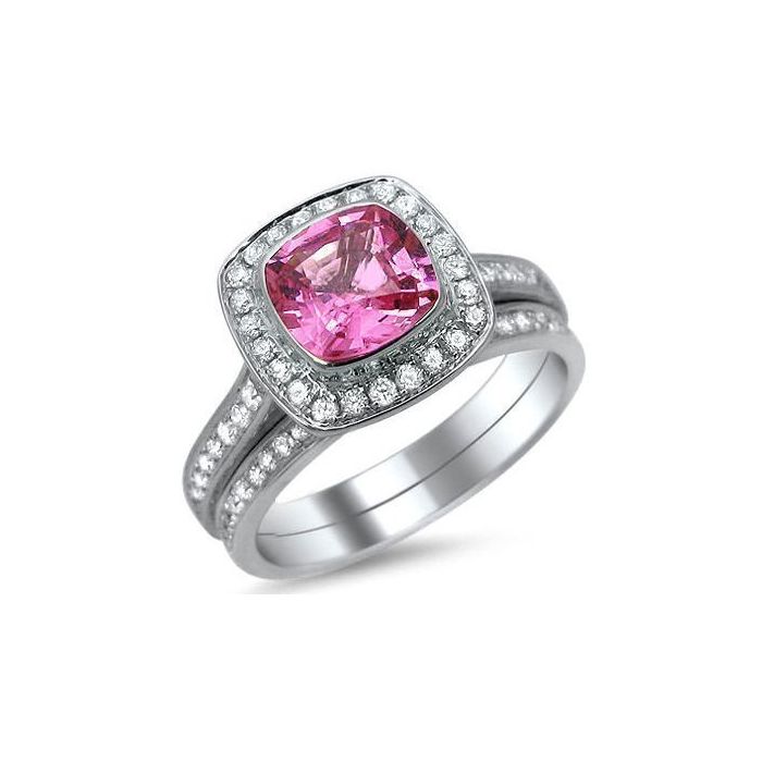2.05ct Cushion Cut Pink Sapphire Diamond Engagement Ring Bridal Set 18k ...