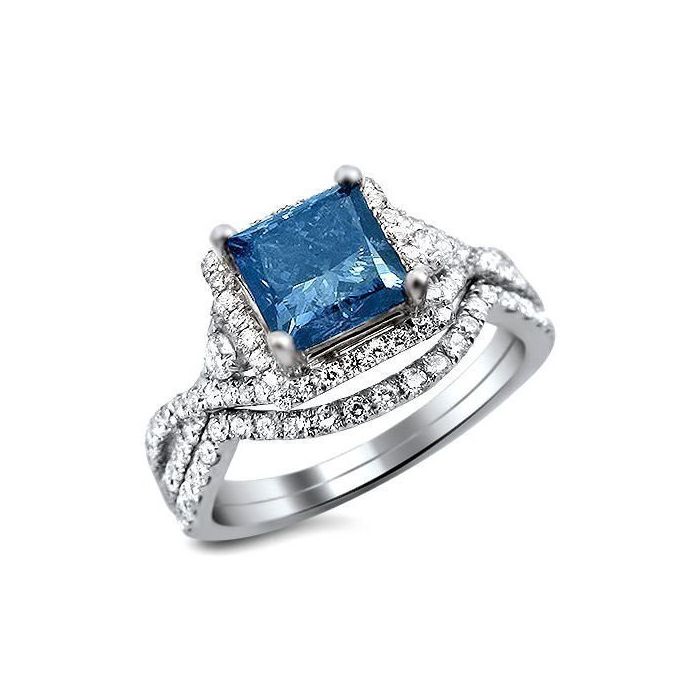 1.90ct Blue Princess Cut Diamond Engagement Ring Bridal Set 18k White ...