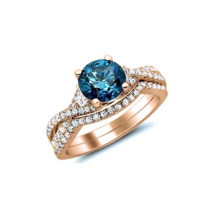 1.50ct Blue Round Diamond Engagement Ring Bridal Set 14k Rose Gold ...