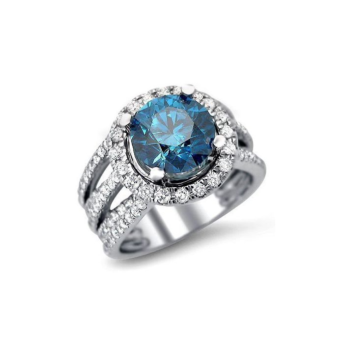 3.50ct Fancy Blue Round Diamond Engagement Ring 14k White Gold / Front ...
