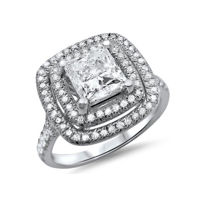 Princess Cut Double Halo Diamond Engagement Ring 18k White Gold / Front ...