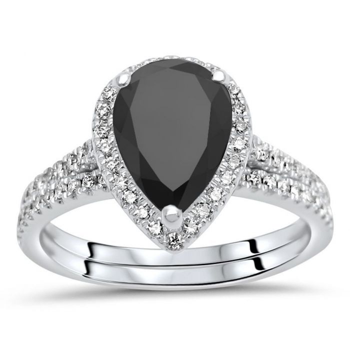 2.52ct Black Pear Shape Diamond Engagement Ring Bridal Set 14k White ...