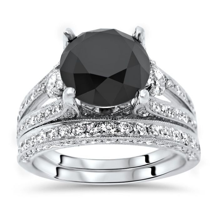 5.10ct Black Round Diamond Engagement Ring Bridal Set 18k White Gold