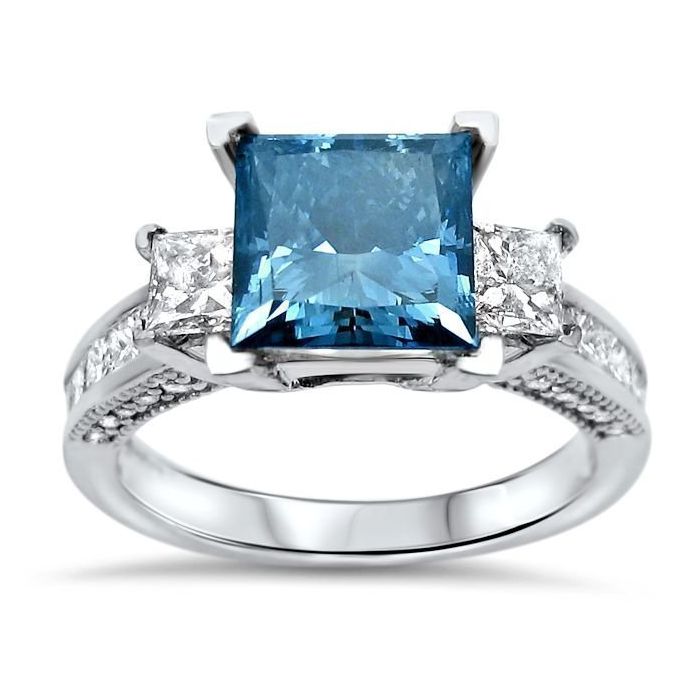 3.10ct Blue 3 Stone Princess Cut Diamond Engagement Ring 14k White Gold ...