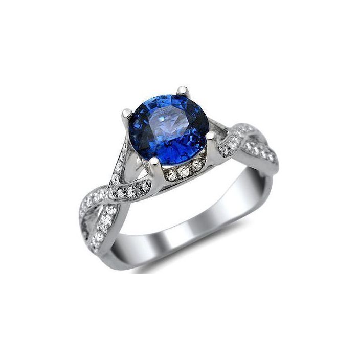 2.05ct Blue Round Sapphire Diamond Engagement Ring 18k White Gold ...