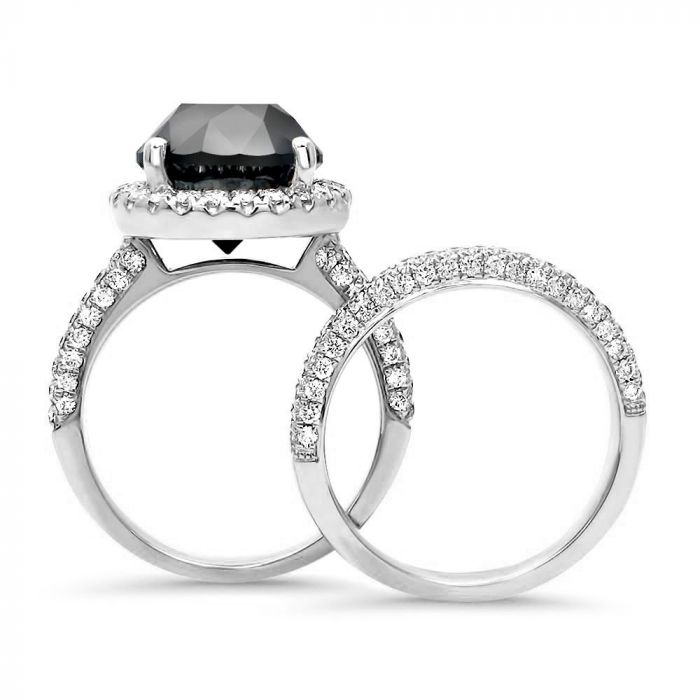 6.55ct Black Round Diamond Engagement Ring Bridal Set 14k White Gold