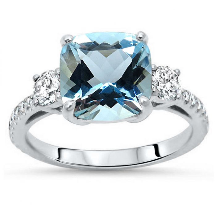 Cushion cut aquamarine engagement ring with diamond halo 18k white gold in  stock