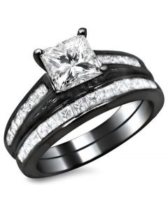 Channel Set Princess Cut Diamond Engagement Ring Bridal Set 14k Black ...